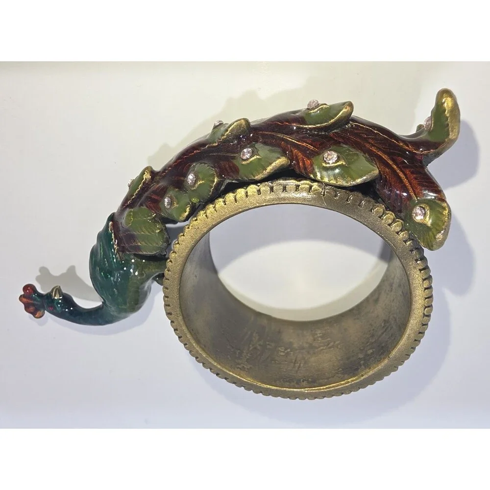 Peacock Enamel Napkin Ring Holders Brass Metal & Rhinestones set of 4